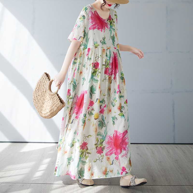 Women's Simple and Fashionable Long Skirt, Short Sleeved Round Neck Printed Dress