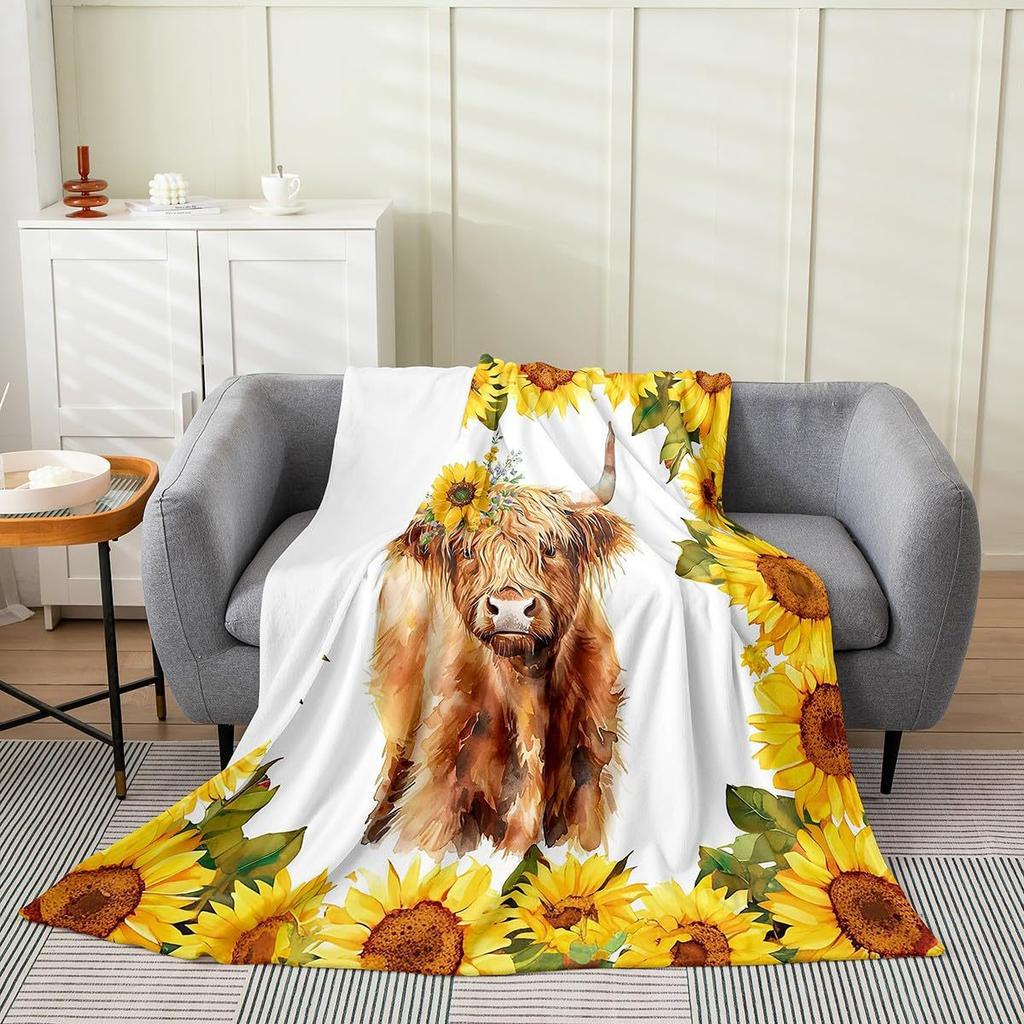 Sunflower Heights Cattle Digital-printed Polyester Bedroom Velvet Flannel Soft Sofa Cover Blanket Fleece Soft Sofa Cover