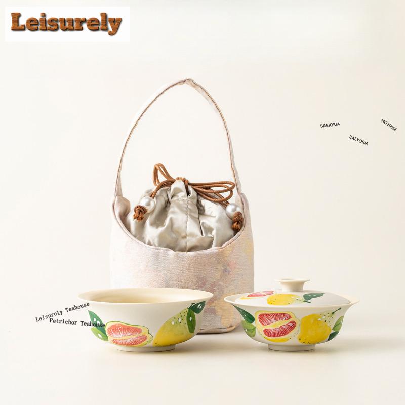 HOYIHM Hand Painted Shaddock Pear Travel Tea Set Kit Retro 1 Pot 1 Cups Tea Maker Organizer Portable Outdoor Handbag Collection