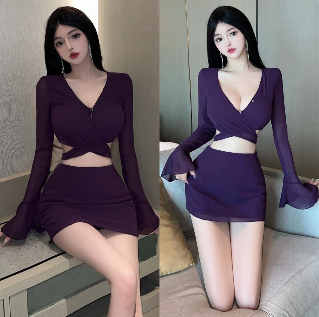 Autumn and winter new pure desire purple mesh V-neck top skirt two-piece set thin sexy hip-wrap skirt