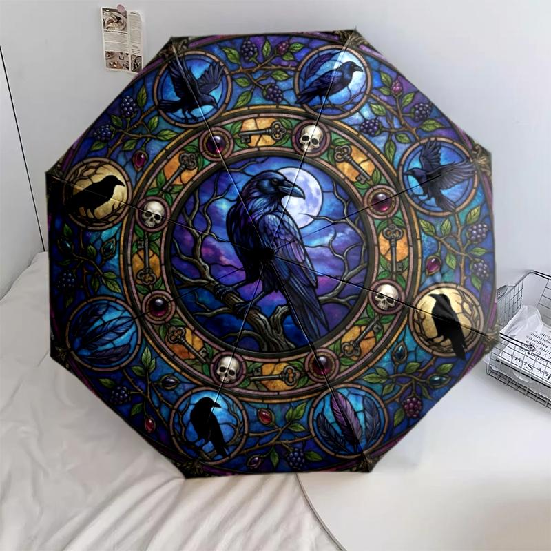 

1 PC Automatic Folding Umbrella -crow mandala Pattern, Portable & Foldable Design with 8 Ribs, Christmas Birthday Gifts Q0017