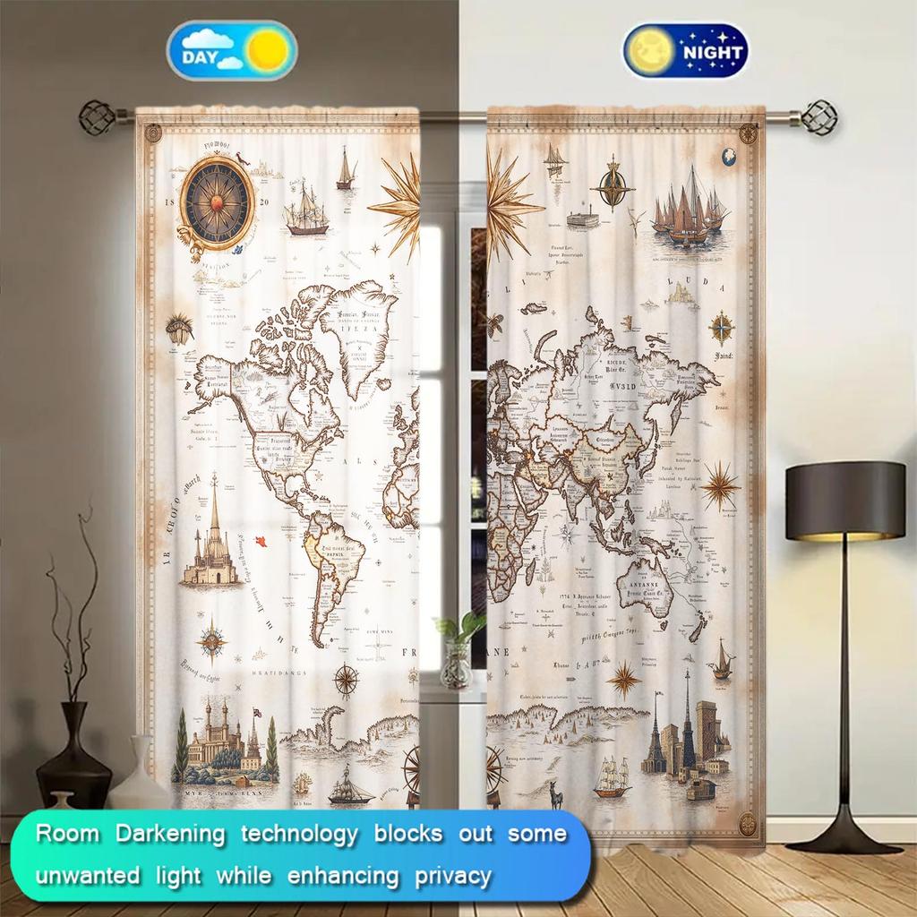 2 Panels Retro Nautical Map Pattern Window Curtains Half Blackout Suitable for Artistic Home Decorative Curtains