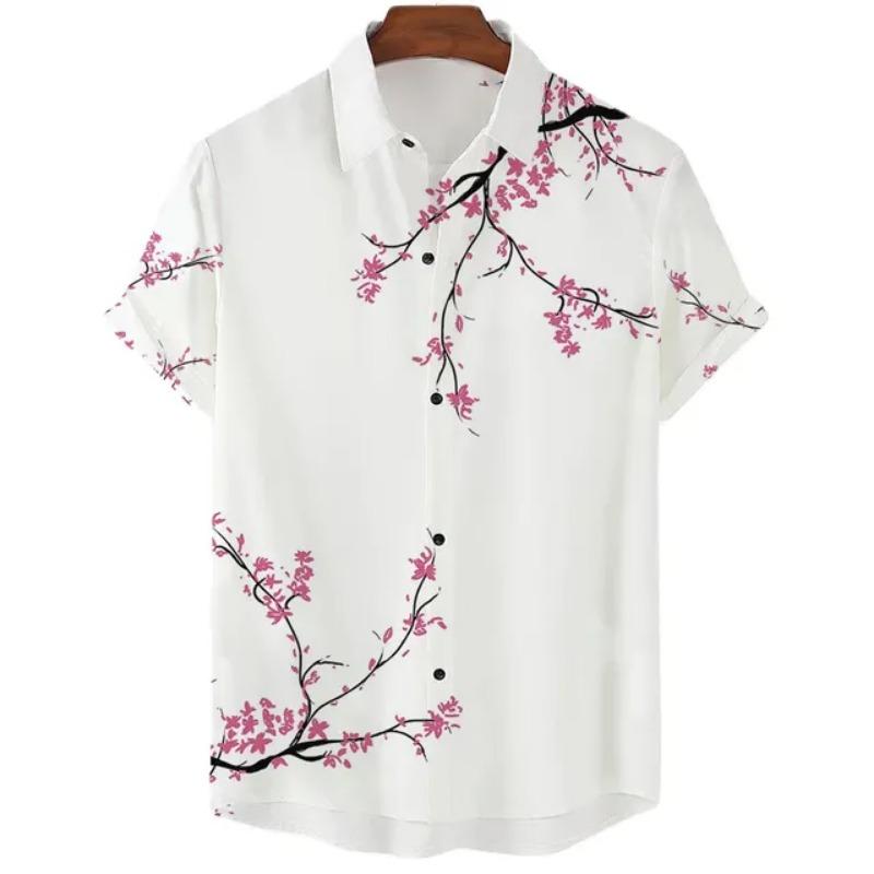 Fashionable Luxury Social Men's Shirt Lapel Button-down Shirt Casual Japanese Aesthetic Cherry Blossom Print Short-sleeved Tops