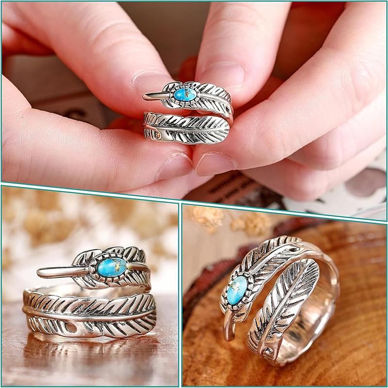 Huitan Personality Feather Shape Opening Rings for Women Anti Silver Color Imitation Turquoise Vintage Female Ring Party Jewelry