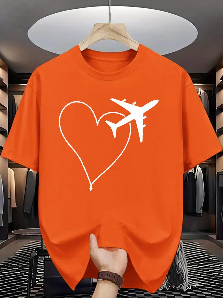 Minimal Line Graphic T Shirt For Unisex Airplane Heart Route Pattern Crew Neck Tee Wanderlust Travel Simple Print Casual Daily Tops