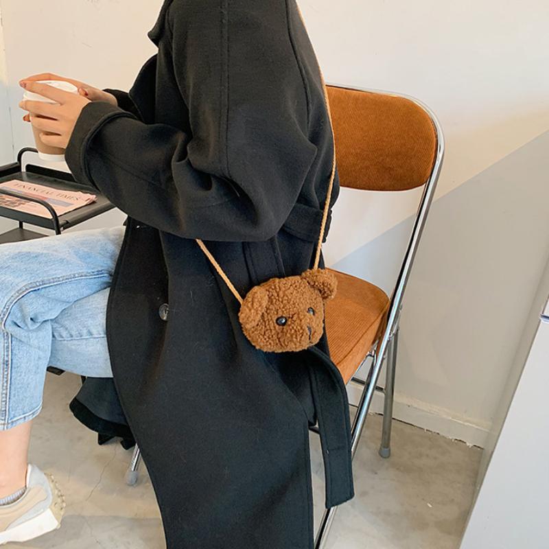 Cartoon bear head messenger bag female plush bag simple ins one-shoulder small bag student cute girl heart small messenger bag
