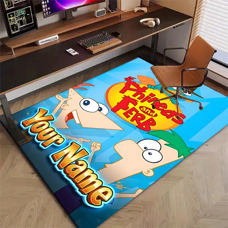 Phineas and Ferb Design Area Rug Personalized Name- Non-Slip, Soft & Cozy Floor Mat for Living Room, Office - Indoor/Outdoor Carpet