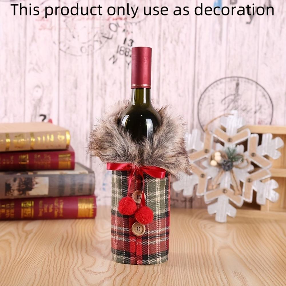 1Pc Christmas Wine Bottle Cover With Plush Collar,Polyester Wine‑Bottle Sleeve for Holiday Party,Home Decoration