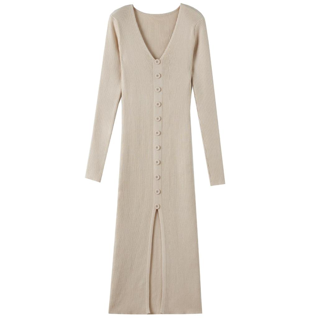 V-neck Mid-length Split Single-breasted Knitted Bodycon Dress