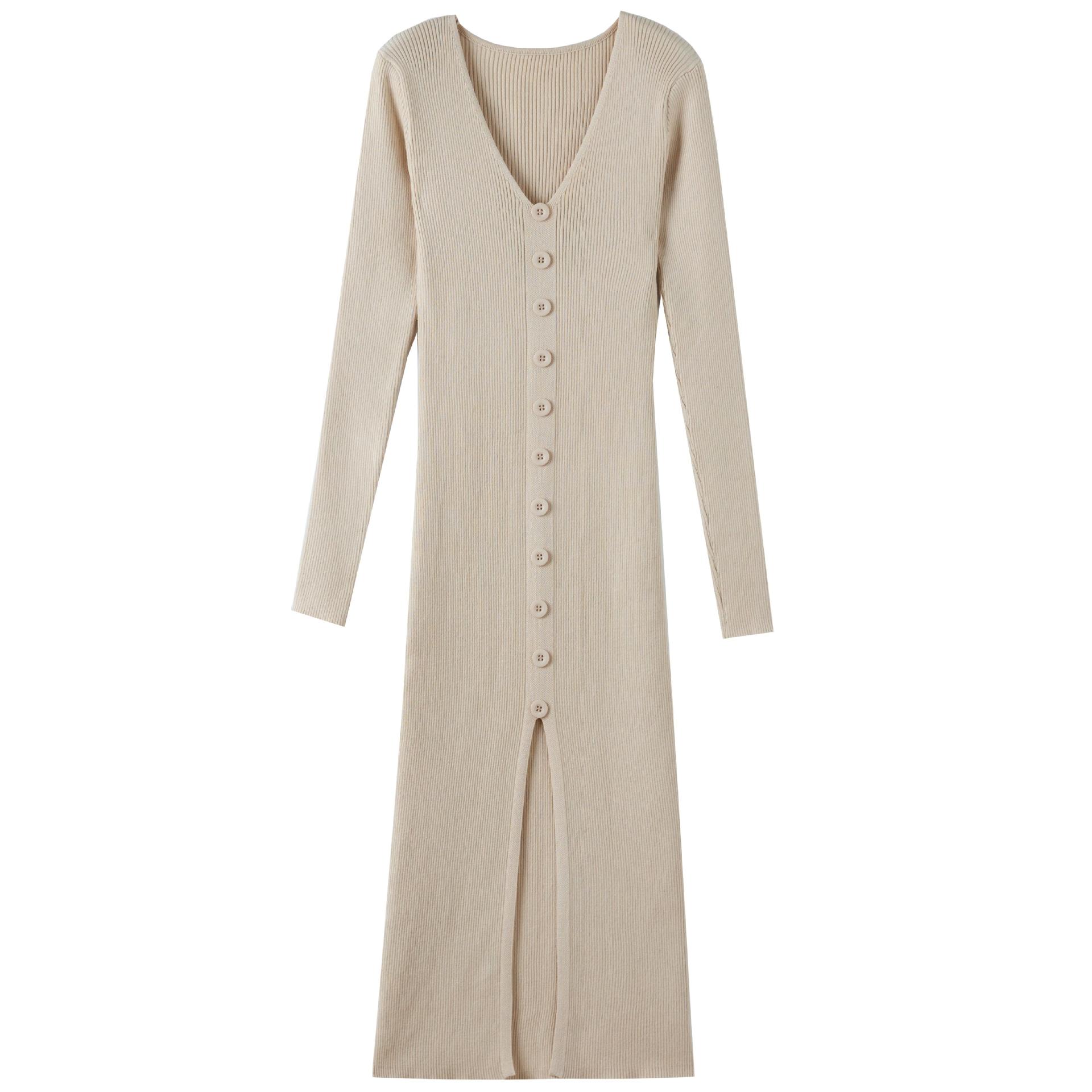 

Платье миди с V-образным вырезом, разрезом, однобортное, вязаное, облегающее S белый