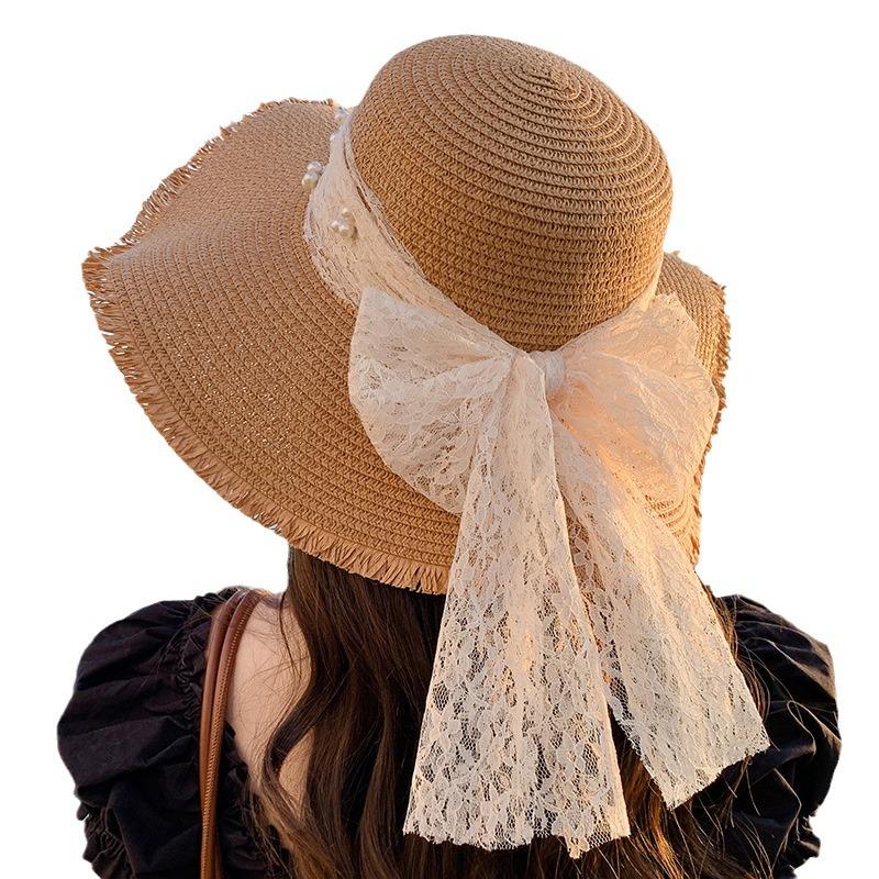 Women's Summer Sun Hat, Wide Brim Straw Hat with Lace Bow, Beach Hat, Elegant Floppy Top for Travel, Hiking, Fishing