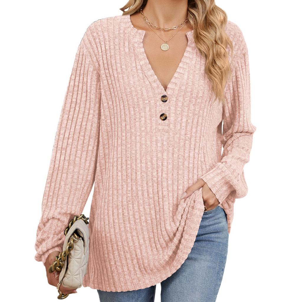 Fall Winter New Women's Solid Color Ribbed Brushed Button Loose Long Sleeve T-shirt Amazon Cross-border European American Style