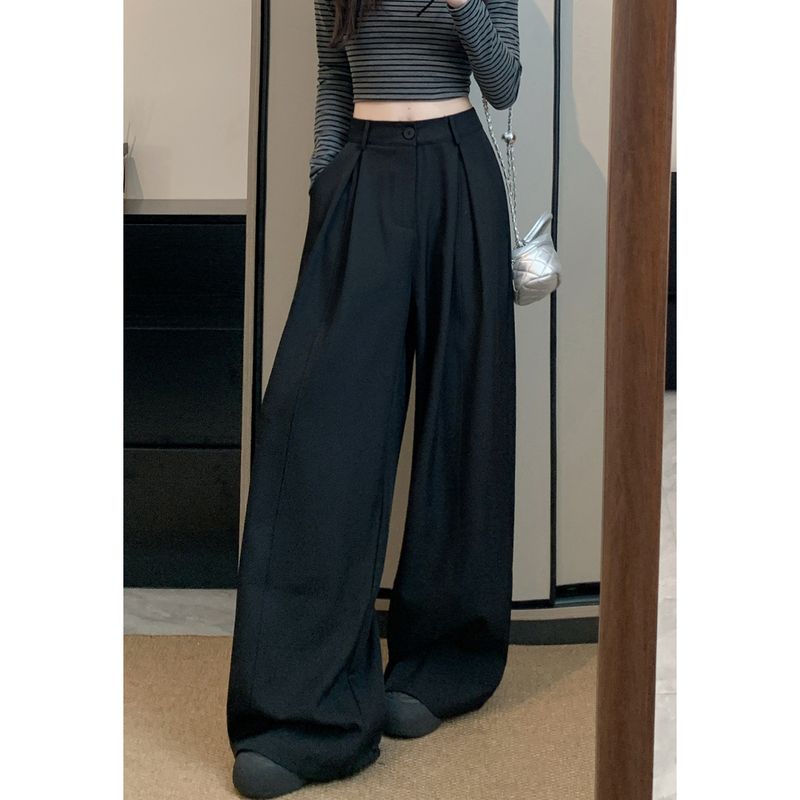 Kumikumi Stylish Minimalist Pure Color Suit Casual Pants Female Fall Loose Slim Looking Drooping Wide-Leg Pants Pants