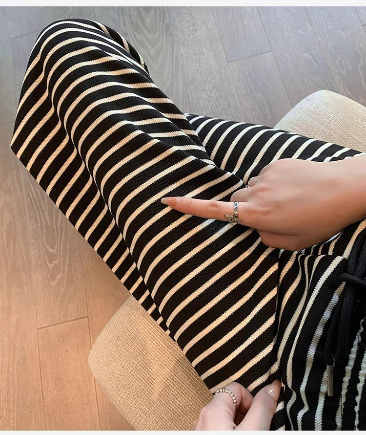 Petite High Waist Zebra Striped Wide Leg Knit Pants - Black & White, Women's Spring/Autumn