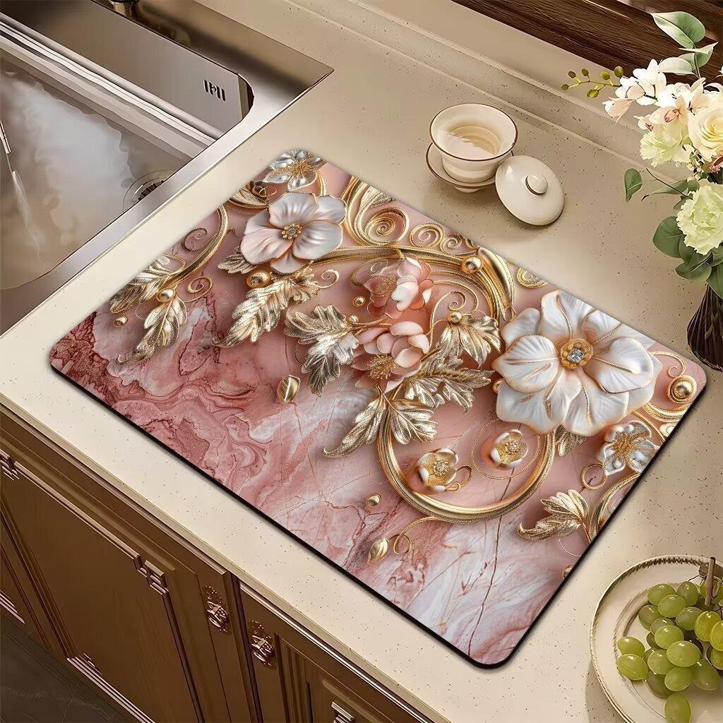 Saugfähige Matte Rosa Pflanze Blume Rose Abtropfmatte Küchengeschirr Trocknen Geschirr Rutschfester Teppich Geschirr