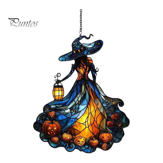 Decorative Chain Hanging Witch Acrylic Suncatcher, Stained Glass Effect Window Car Ornament, Gothic Scary Art with Pumpkin Lantern Sun Catcher