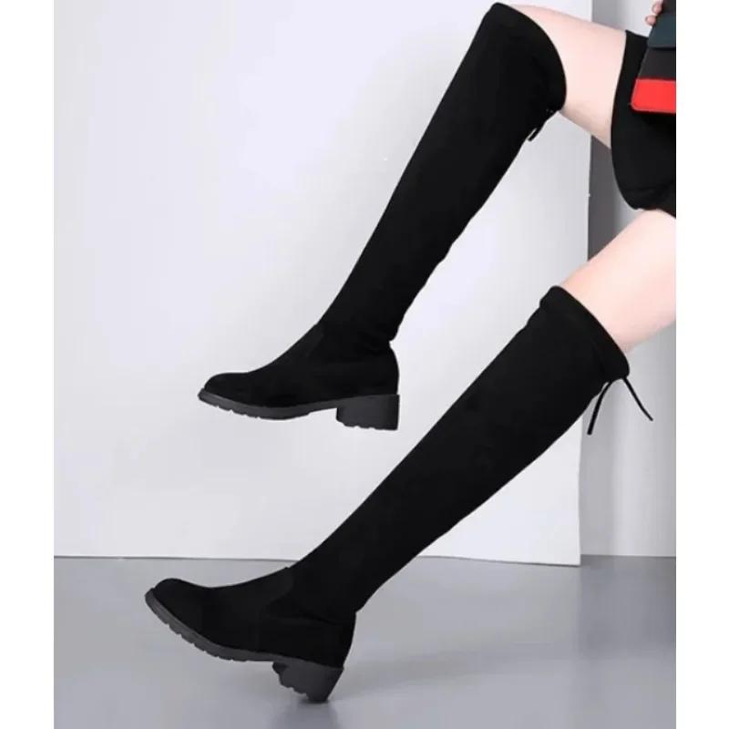 Women Boots Winter Black Over The Knee Boots  New Comfort Lace Up Chunky High Heels Shoes Fashion Warm Suede Round Toe Boots