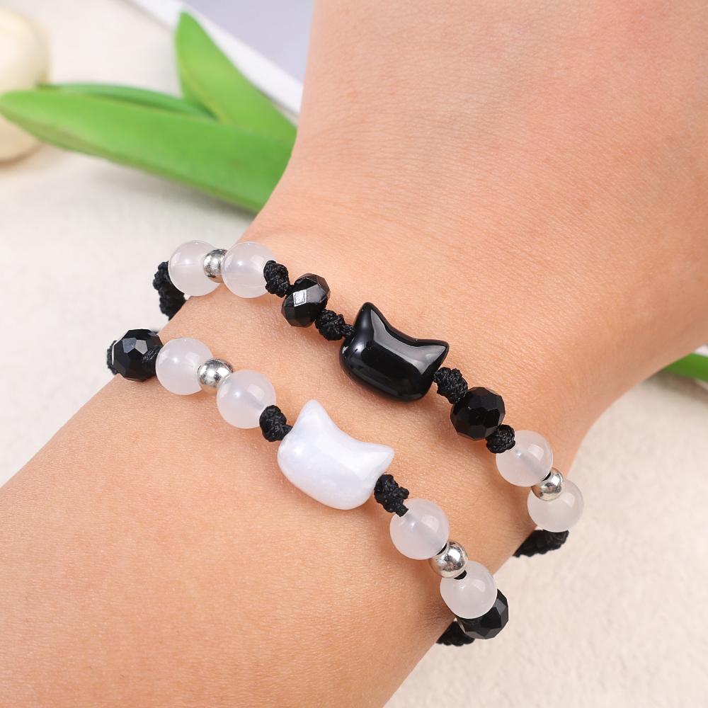 2 pulseras de obsidiana y piedra lunar natural para parejas, pulseras minimalistas hechas a mano, pulseras con un lindo gato blanco y negro, joyería para fiestas, regalos