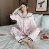 V-neck Autumn New Pajamas for Women Ice Silk Lace Sweet Jacquard Gauze Sleeves Smooth Two-piece Pajamas Set