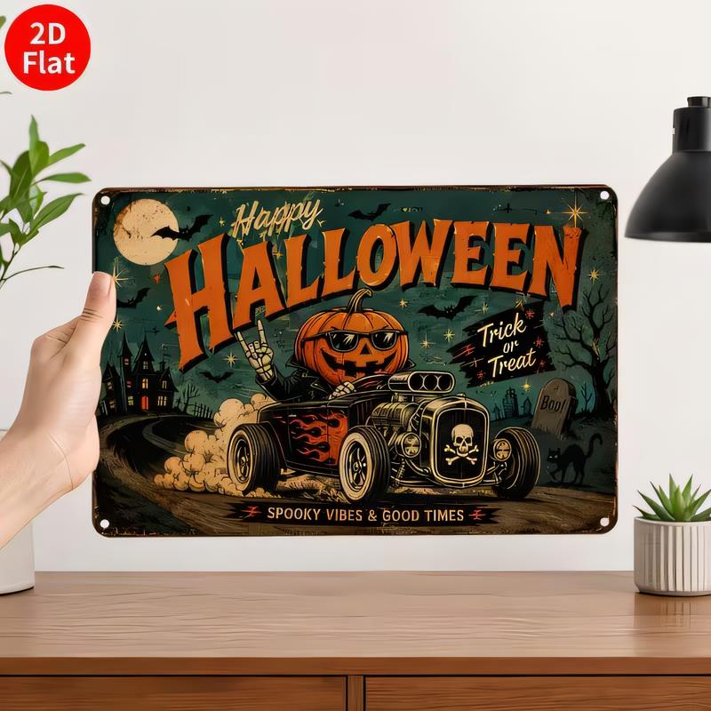 Happy Halloween Tin Sign for Garage Bar Wall Decor Vintage Trick or Treat Pumpkin Skeleton Cat Witch Car Spooky Vibes Metal Pla