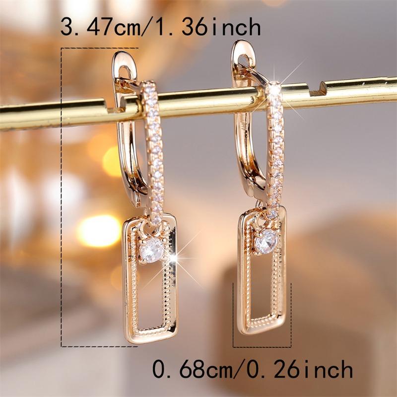 White Cubic Zirconia Round Stone Rectangular Pendant Earrings For Women Vintage Golden Earrings Wedding Jewelry Birthday Gift