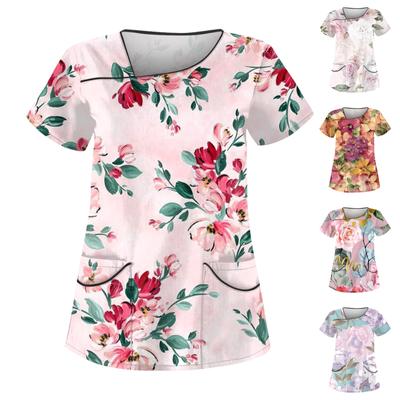 Lässige, bedruckte Kurzarm-Arbeitskleidung für Damen mit doppeltem Taschenoberteil