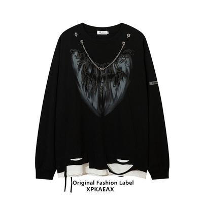 Men's New Spliced Round Neck Dark Niche Design Fake Two-piece Long-sleeved T-shirt Chain Sweatshirt