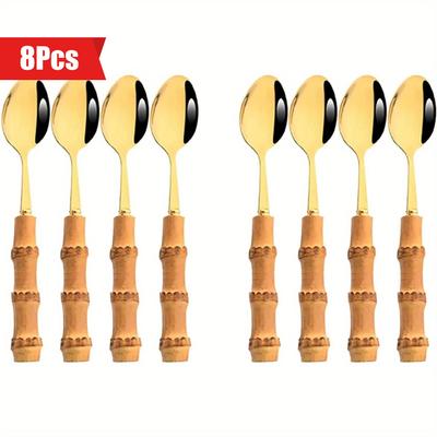 8 cucchiaini da tè dorati, cucchiaino da mescolare con manico in bambù, cucchiaino da gelato, set di cucchiaini da caffè, cucchiai da tavola in acciaio inossidabile 304 di qualità alimentare, 6,3 pollici