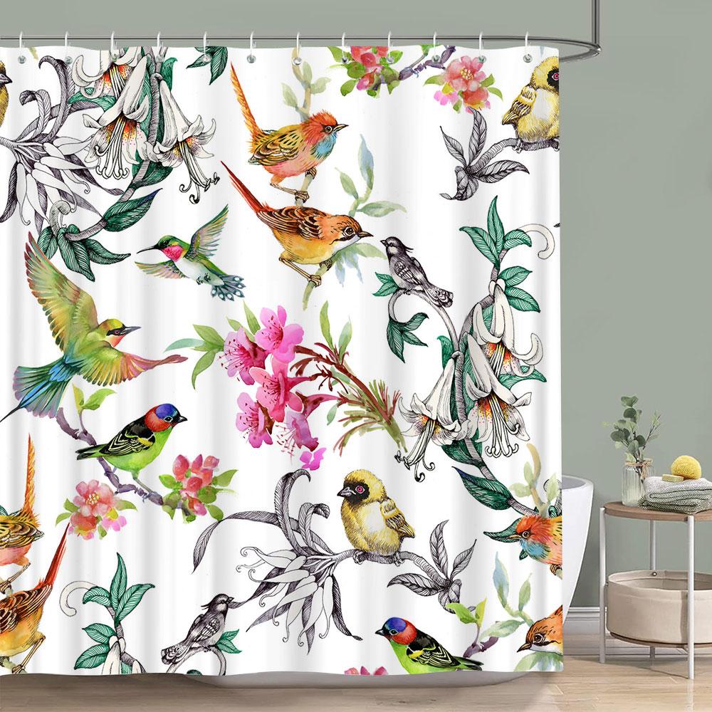 

Vintage Floral Colourful Bird Shower Curtain Watercolour Painting Art Creative Home Polyester Shower Curtains Bathroom Decor 90x180cm