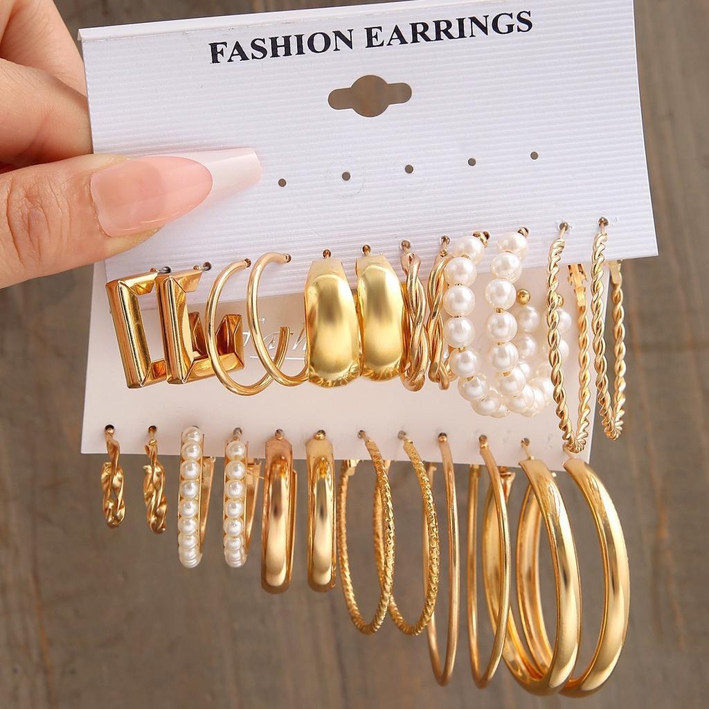 12/48pcs Bohemian Gold Color Metal Earrings Set For Women Fashion Pearl C-Shape Stud Earrings Daily Party Jewelry Festivals Gift
