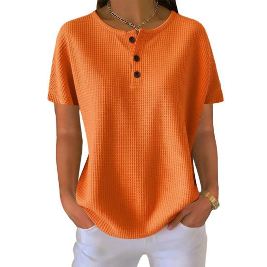 

Women Tops Crew Neck Buttons Half Placket Short Sleeves Casual Tops Pure Color Loose Fit Waffle Texture Summer T-shirt M оранжевый