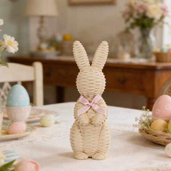 Rattan Effect Resin Easter Bunny Figurine Wicker Rabbit Statue with Bow for Spring Table Centerpiece Indoor Outdoor Patio Yard Farmhouse Home Decor