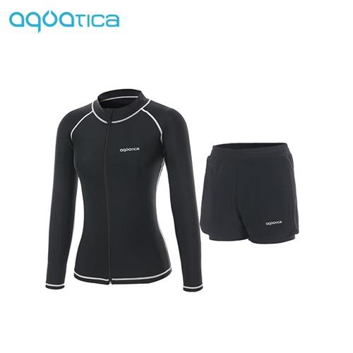 Akuatika Women'S Rash Guard Zip-Up Aqawjp23004 + Layered Swim Board Shorts Bk Set