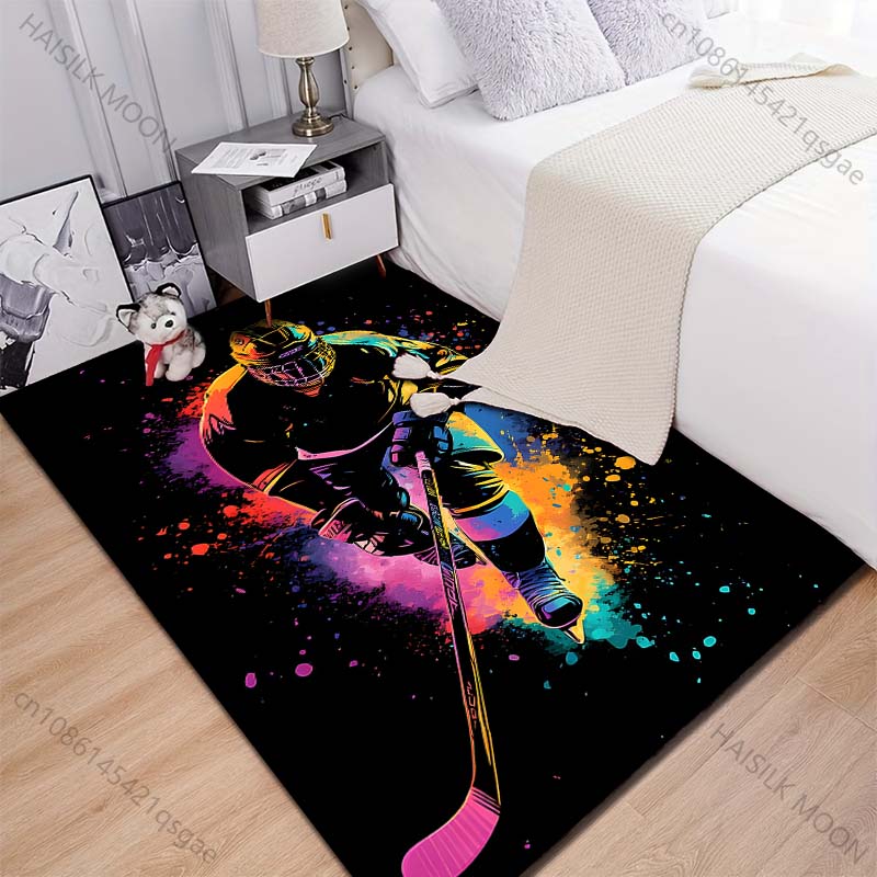 Bunte Illustration eines Hockeyspielers Teppich für Wohnzimmer Schlafzimmer Nachttisch Bodenmatte Garderobe Kinder Spielmatte Teppich