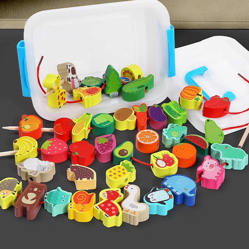 42pcs Beaded Wooden Toys Baby Cartoon Fruit Animal Stringing Wooden Beads DIY Montessori Toys Children's Educational Games