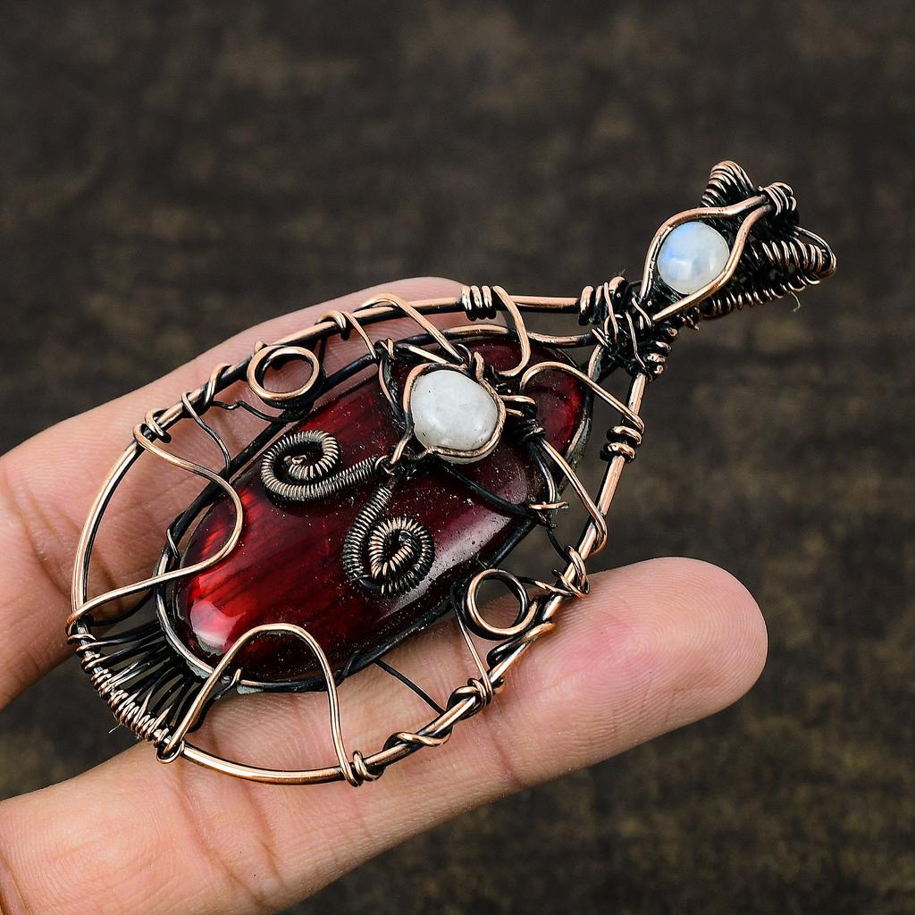 Natural Red Labradorite, Moonstone Gemstone Copper Wire Wrap Pendant 3.46" S1A15