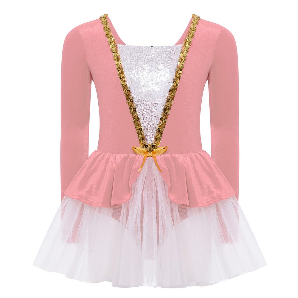 Mädchen Eiskunstlauf Performance Kleid Langarm Glitzernde Pailletten Patchwork Samt Tüllkleid Eingearbeiteter Slip Ballett Kostüm