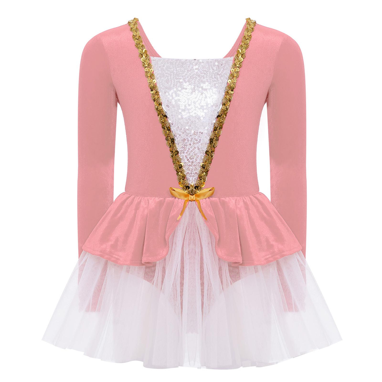 

Girls Figure Skating Performance Dress Long Sleeves Shiny Sequins Patchwork Velvet Tutu Dress Built in Briefs Ballet Costume 5-6 Years рожевий