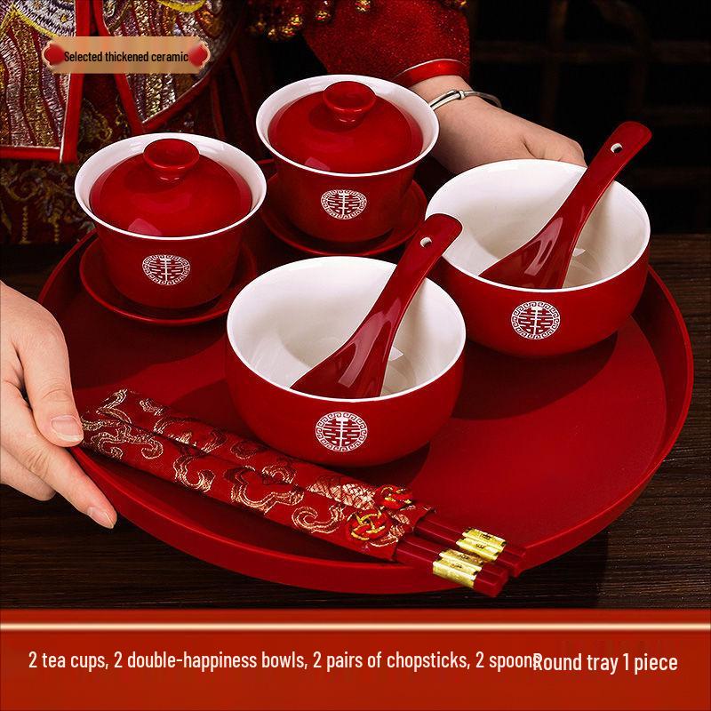 Red Wedding Tea Set: Complete Cups, Lid, Bowl & Chopsticks Set for a Joyous Occasion