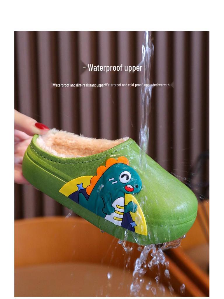 Rabbit & Dinosaur Kids' Cotton Slippers - Waterproof, Non-Slip, Thickened Cartoon Fur for Autumn & Winter. Suitable for Boys & Girls.