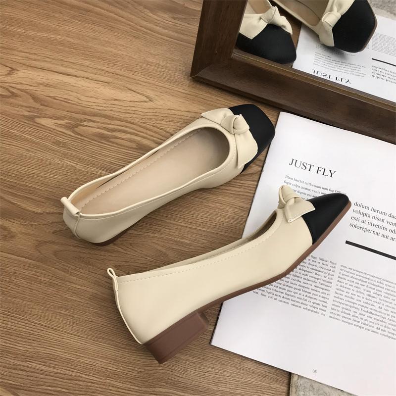 

Модные женские балетки на плоской подошве, двухцветные туфли с бантом на круглой подошве, модные туфли на низком каблуке, женские туфли на квадратном каблуке 35 чёрный