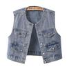 Modischer Damen-Denim-Blazer mit Rundhalsausschnitt, Kurze Weste, Lässig und Trendig, Figurbetont, Ärmelloser Blouson