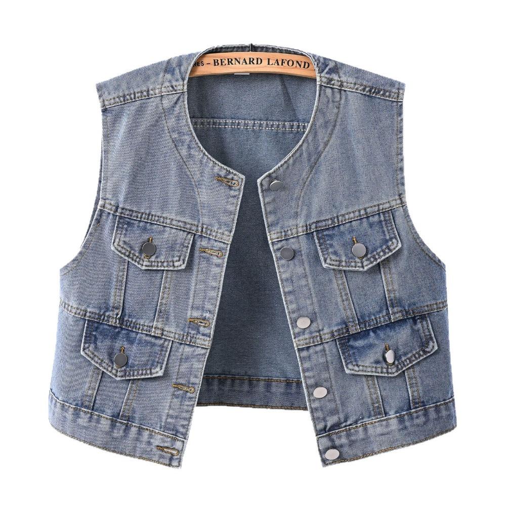 Modischer Damen-Denim-Blazer mit Rundhalsausschnitt, Kurze Weste, Lässig und Trendig, Figurbetont, Ärmelloser Blouson