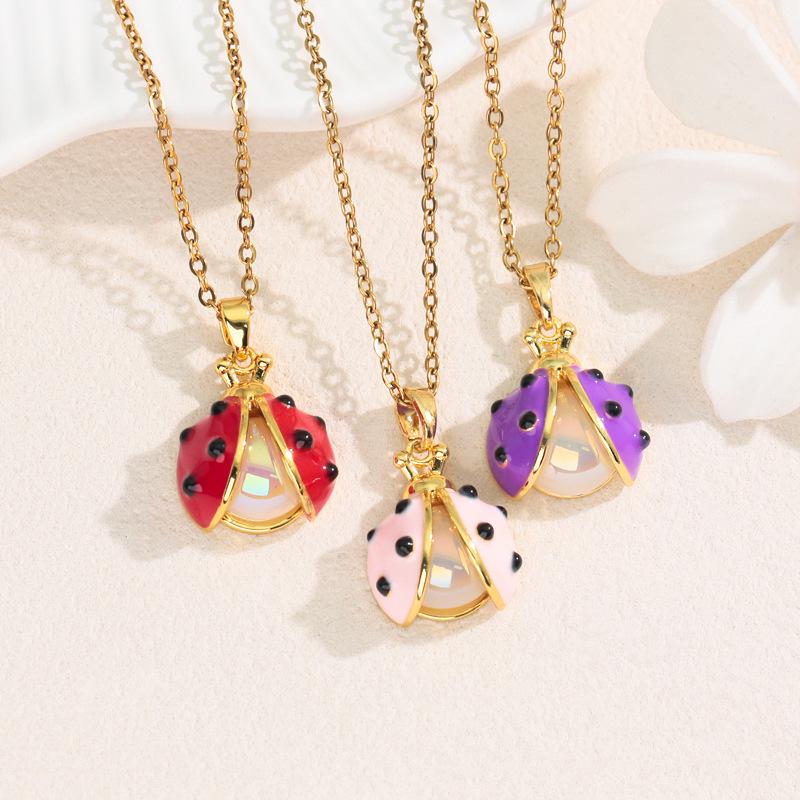 Whimsical Ladybug Pearl Pendant Necklace with Colorful Oil Drip and Star Accents