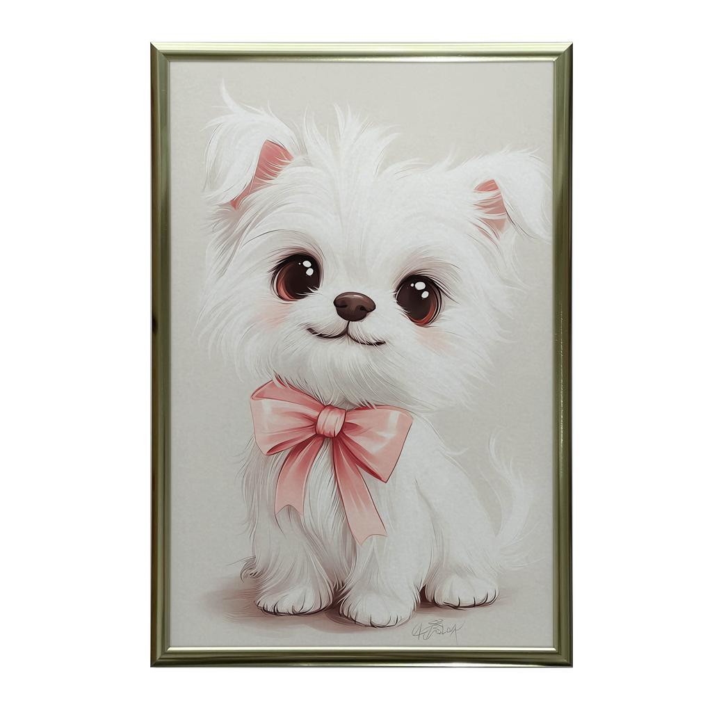 Affisch Söt Hund Med Rosa Fluga Affisch Söt Hund Med Rosa Fluga, 30X40 Cm, Träram Ljus Ek, Matt Papper 230 G/m²