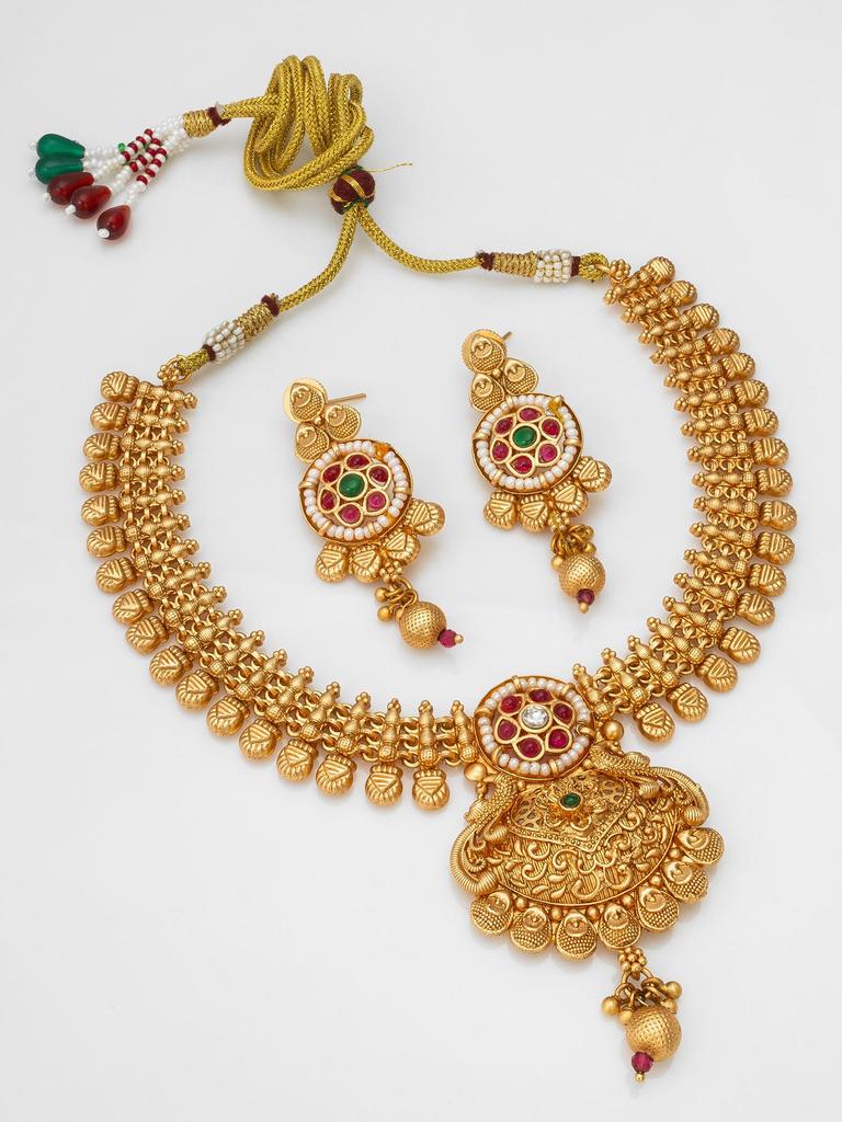Gold-Plated White Stone-Studded & Beaded Jewellery Set