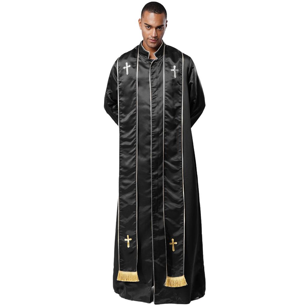 Herre Prestekostyme Kappe Ståkrage Langermet Glidelås foran Gullkors Messedrakt Vestmenter Katolsk Halloween Cosplay