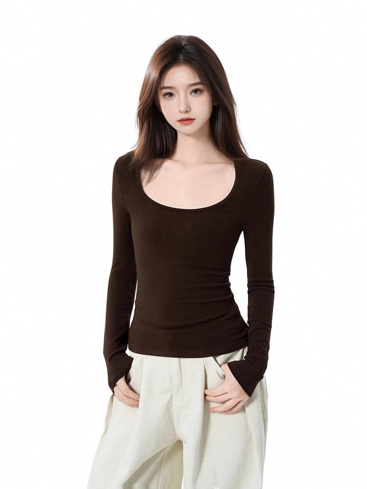 Women's Coffee U-Neck Slim-Fit Long-Sleeve Base Layer for Autumn/Winter