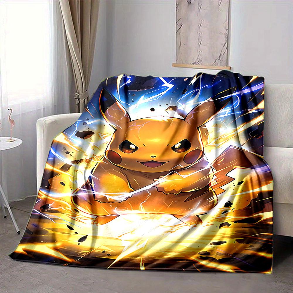1pc Pikachu Electric Flannel Throw Blanket HD Printed Lightweight Soft Warm All Season Blanket for Sofa, Bed, Travel, Camping Machine Washable