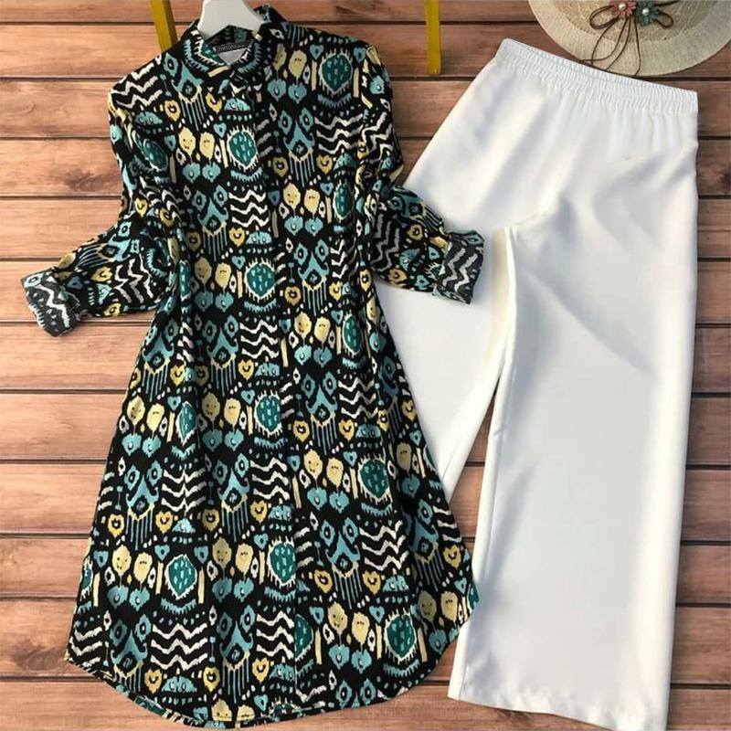 

ZANZEA Женский осенний комплект из рубашки с длинным рукавом и цветочным принтом и прямых брюк зелёный